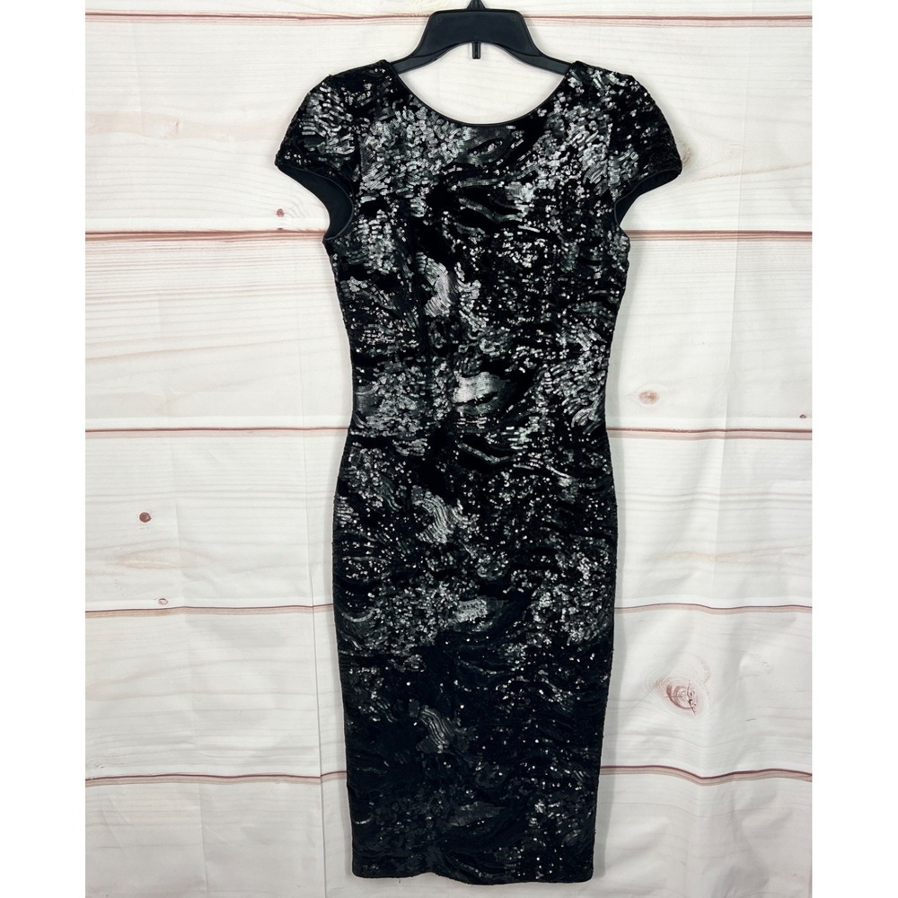 Dress The Population Dress Womens Medium Black Sequin Midi Cap Sleeve Low Back